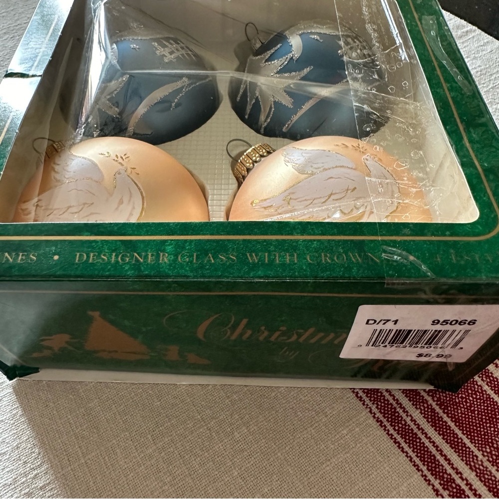 Vintage Set 4 Christmas By Krebs Blue Gold Glitter Glass Ball Ornaments Crowns - Picture 9 of 11